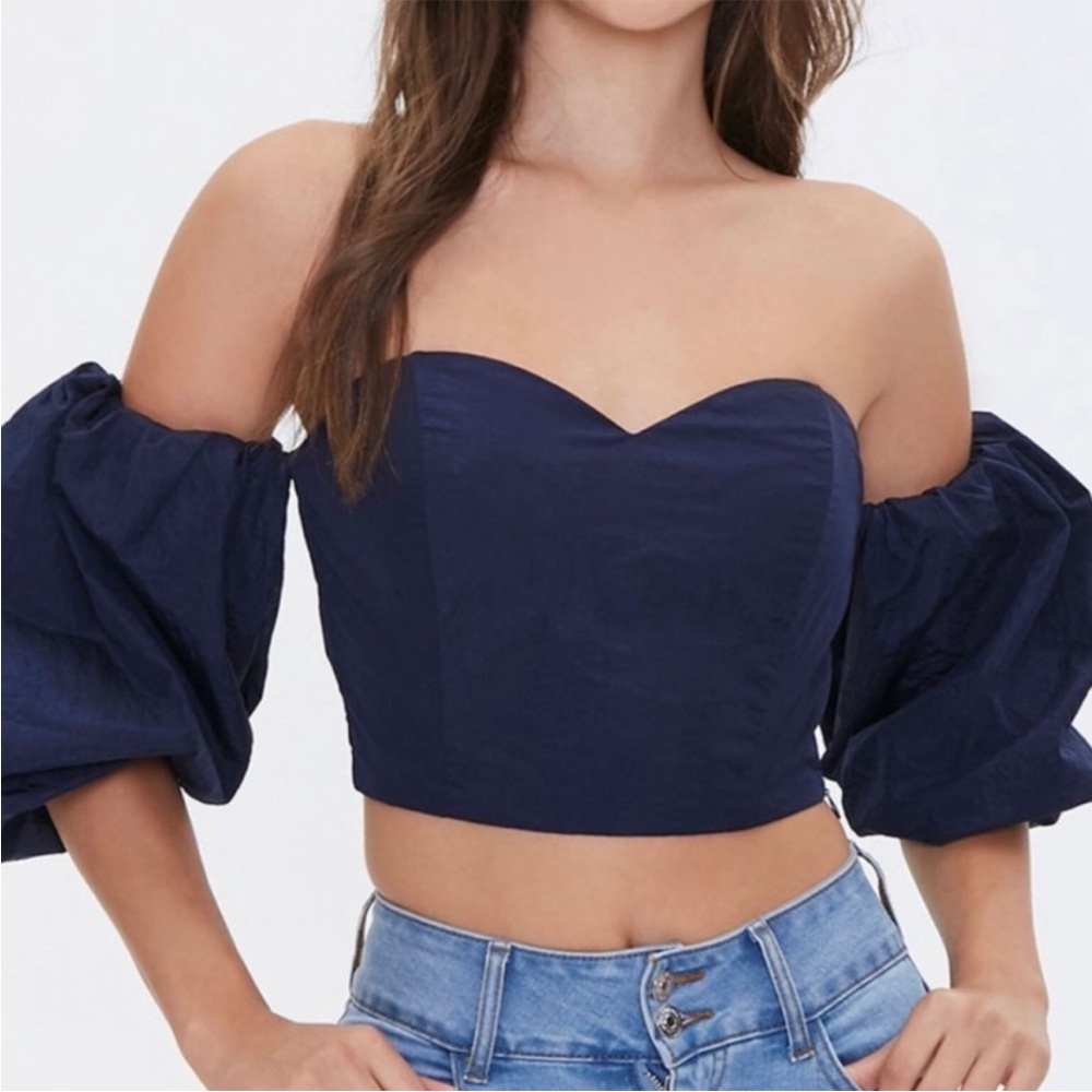Forever 21 Blue Off-Shoulder Crop Top with Puff Sleeves